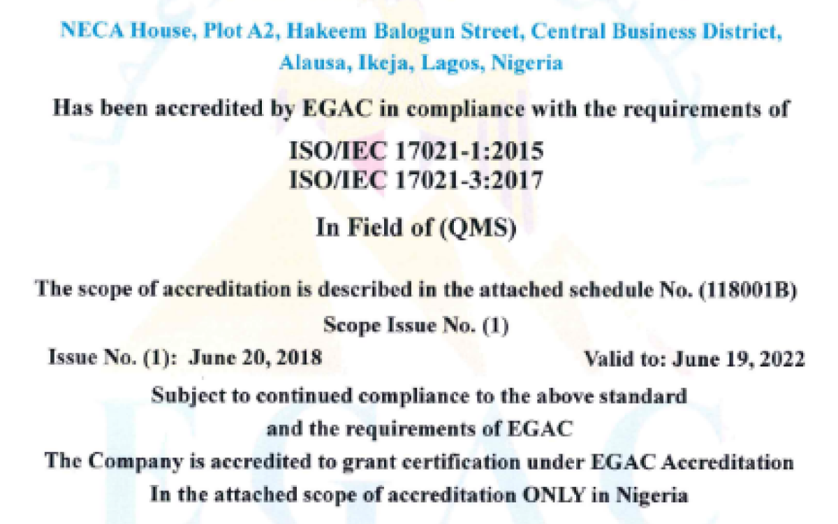 Certified in Nigeria and Accepted Globally – NECA Global Certification Limited officially accredited by the Egyptian Accreditation Council 